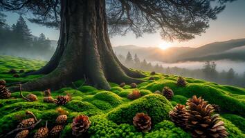 Big Tree on Moss with Pine Cone in Forest at Sunrise photo