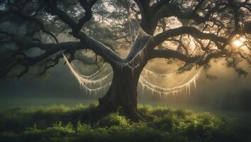 Foggy Tree with Cobweb and Green Foliage photo