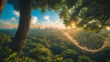City Skyline From Forest View with Spiderweb and Golden Light photo