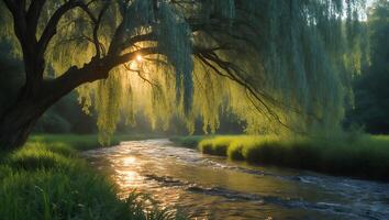 Willow Tree Over River Landscape Scene with Sunlight photo