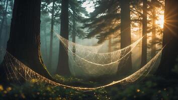 Sunlit Spiderwebs Hanging Between Trees in a Foggy Forest Scene photo