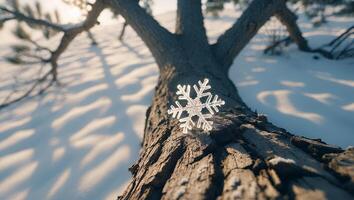 Snowflake on Tree Trunk in Winter photo