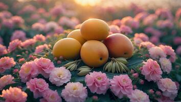 Stacked Citrus Fruits Among Pink Flowers in a Sunny Garden photo