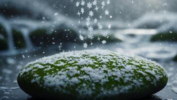 Snowflakes Falling on a Mossy Rock photo