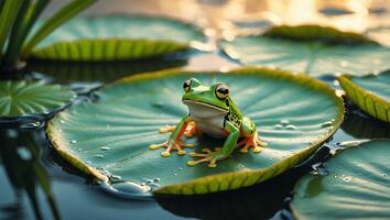 Green Frog on Lily Pad in Pond photo