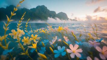 Flowers in Water with Mountain View photo