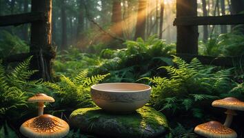 Ceramic Bowl in Forest Sunlight with Mushrooms and Ferns Landscape photo