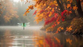 Dragonfly Over Lake in Autumn Forest photo