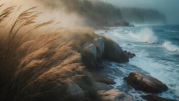 Ocean Wave Crashes Against Rocky Shore with Tall Grass photo