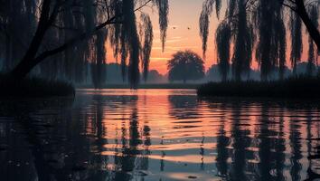 Willow Tree at Sunset Reflections in Lake photo