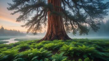Giant Tree in Misty Field Landscape photo