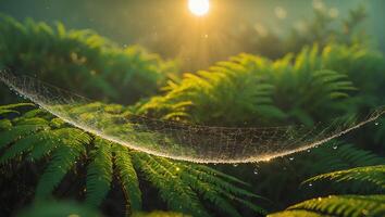 Spiderweb with Dew on Fern at Sunrise photo