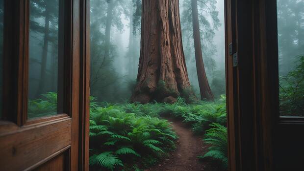 Sequoia Tree in Foggy Forest Seen Through Door photo