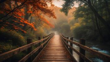 Wooden Bridge Over River in Autumn Forest photo