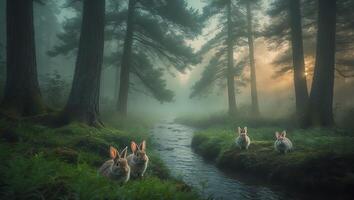 Rabbit in Forest with River and Fog photo