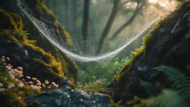 Spiderweb with Water Droplets in Forest at Sunrise Creates Serene Scene photo