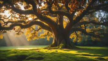 Majestic Tree Spreading Branches Reaching Sky with Green Meadow Below photo