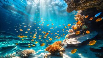 Underwater Coral Reef with School of Fish and Sunbeams photo