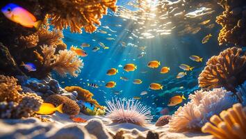 Coral Reef with Many Fish, Sunny Underwater Scene photo
