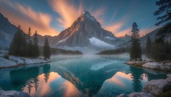 Mountain Reflected on a Lake Surrounded by Trees and Rocks photo