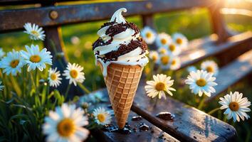 Ice Cream Cone with Sprinkles on Park Bench with Daisies photo