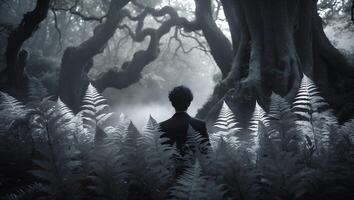 Man Standing in Forest of Ferns and Trees photo