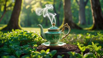 Teapot with Steam in Sunny Forest photo