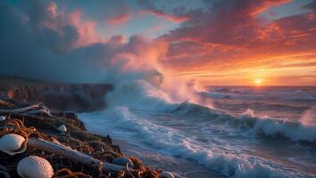 Crashing Waves at Sunset on Coastal Shore with Dramatic Sky photo