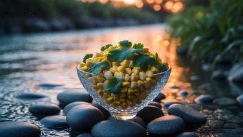 Corn Kernels and Cilantro in Bowl on Stones Near River photo