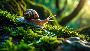 Snail Crawling on Moss in Forest Sunlight Natural Wildlife Scene photo
