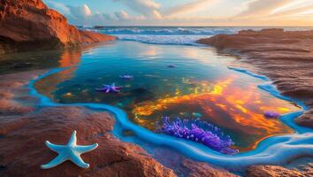 Starfish and Sea Anemones in a Coastal Tide Pool at Sunset photo