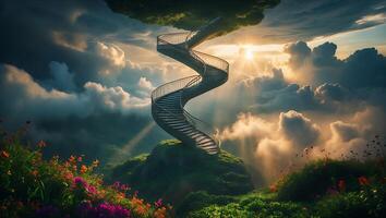 Ascending Spiral Staircase on Hilltop Above Clouds Reaching for Sunset photo