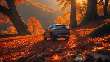 Driving Car in Autumn Forest with Colorful Foliage on Ground photo