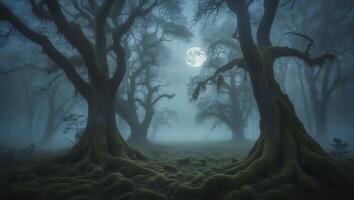 Mysterious Forest Scene with Foggy Atmosphere and Moonlit Night photo