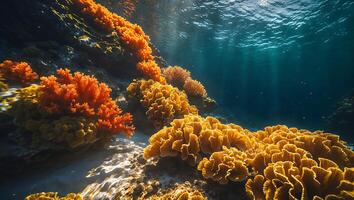Underwater Coral Reef Landscape with Sunlight Rays and Ocean Water photo