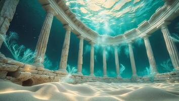 Underwater Ruins with Columns and Sandy Floor Create Mysterious Scene photo
