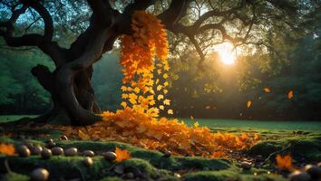Falling Autumn Leaves Cascade From Tree in Golden Light at Sunset photo