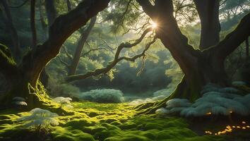 Sunlight Streaming Through Forest Canopy Illuminating Mossy Ground photo