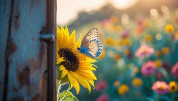 Butterfly Resting on Sunflower in Field with Wooden Door Frame photo