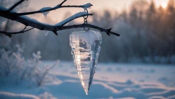 Icicle Hanging From Branch in Snowy Winter Landscape at Sunset photo