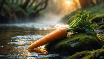 Carrot Resting Near Stream with Mossy Rock in Golden Light photo