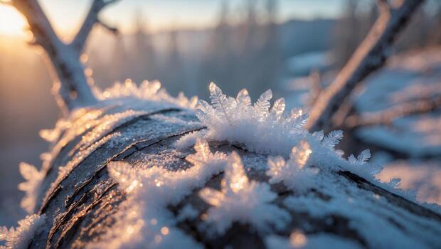 Frost Crystals Forming on a Fallen Tree Trunk at Sunrise photo