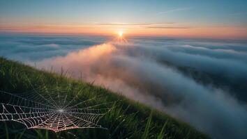 Spiderweb Dewdrops on Grassy Hillside Overlooking Foggy Valley at Sunrise photo