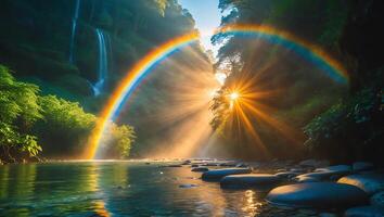 Vibrant Rainbow Arches Over Tranquil Waterfall and River Scene photo