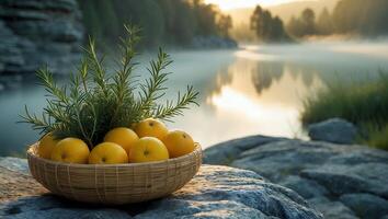 Basket of Oranges and Herbs by a Serene Lake at Dawn photo
