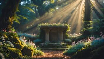 Ancient Stone Structure Surrounded by Lush Forest and Sun Rays photo