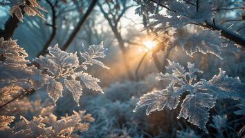 Frost Covered Leaves at Sunrise in a Winter Forest Scene photo