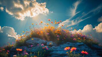 Flowers Blooming on Rocky Hillside Under a Bright Sky with Clouds photo