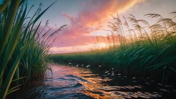 Tranquil River Scene at Sunset with Tall Grass and Birds Flying photo