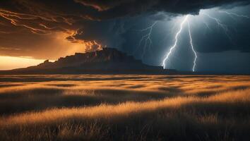 Dramatic Lightning Strikes Over Grassy Field with Distant Mountain Silhouette photo